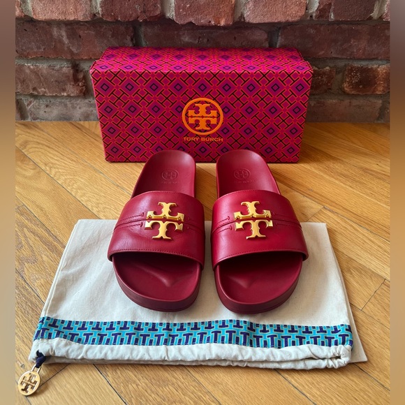 Tory Burch Red Leather Everly Anatomic Cloud Slide Sandals - Picture 3 of 12